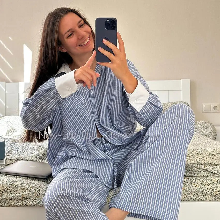 Women Autumn Winter Color Block Striped Pajama Set Skin Friendly Loose Long Sleeve Pants Two Piece Ladies Homewear Sleepwear