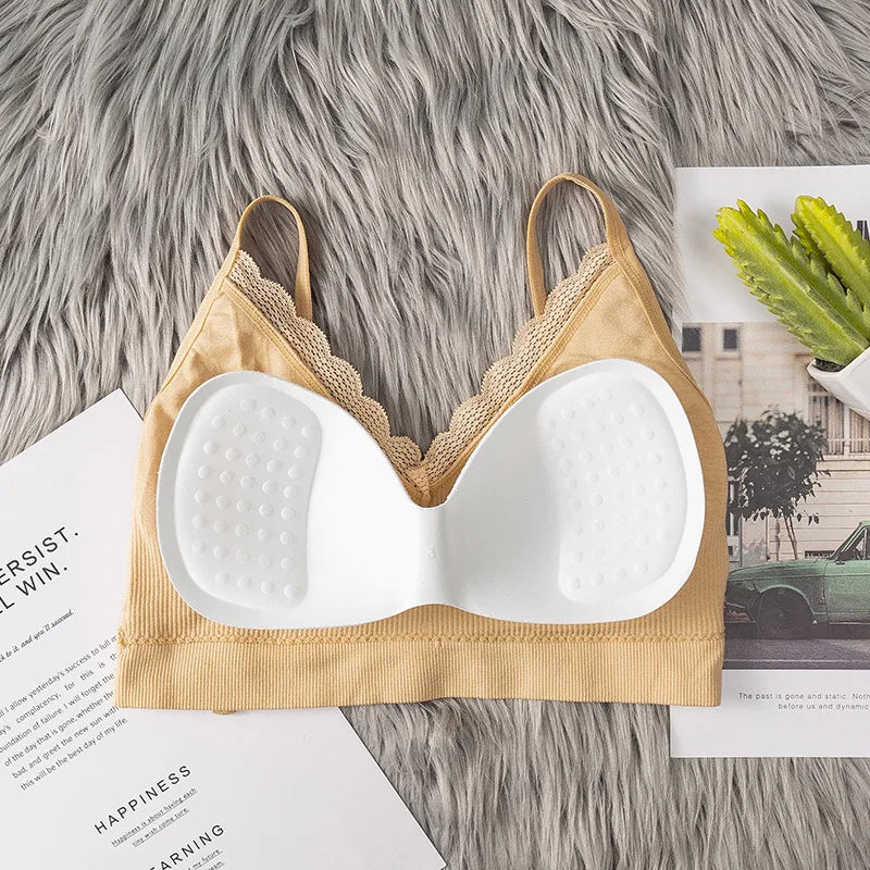 Women's Lace V Neck Rib Camisole Tube Top Bralette Criss Cross Back Removable Foam Pads Wireless Thin Straps Tube Bra
