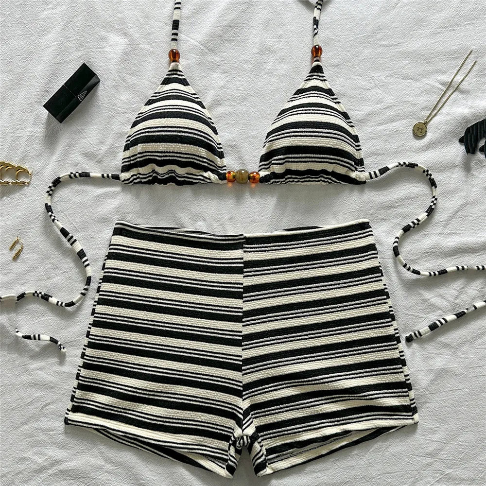 Sexy Striped Print Triangle Bikini with Shorts Halter Bead String Swimsuit Woman 2026 Swimwear Brazilian Bikinis Sets Femmes