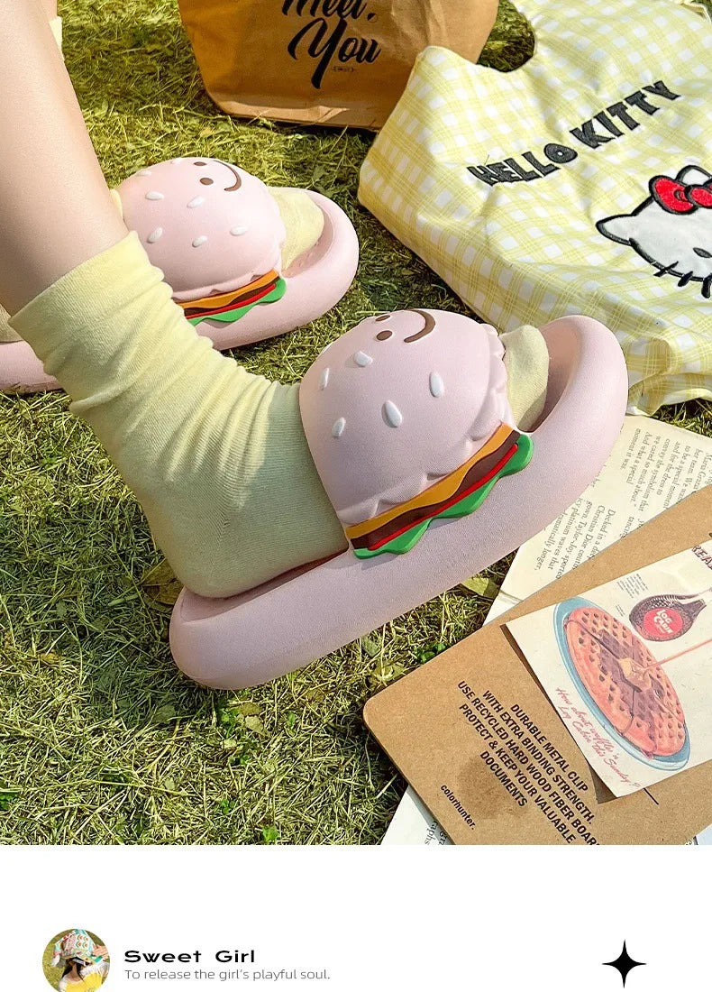 CartoonCutesy3D Sesame Burger Slippers for Women, Summer Outdoor & Home Wear, Anti-Slip Thick Soles, Flat Back Slides,Flip Flops