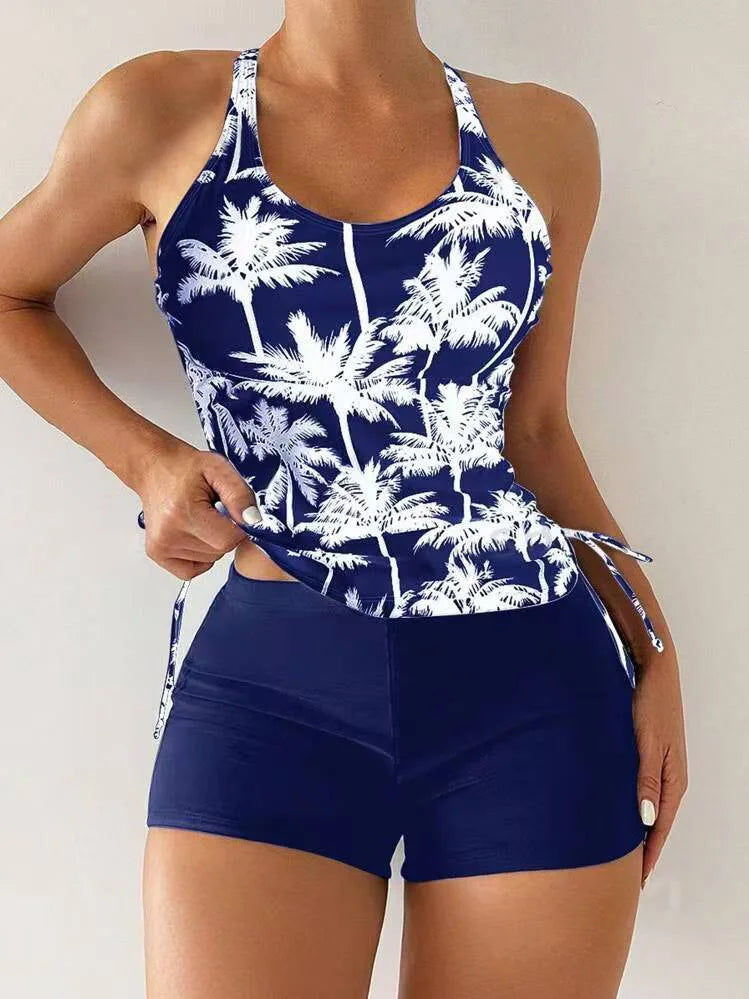 High Waist Swimwear Women 2025 New Two Pieces Swimsuit with Shorts Coconut Palm Print Tankini Set Summer Bathing Suit Trunks