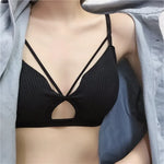 Women Ribbed Knit Bra Front Cutout V Neck Wireless Bralette Fixed Thin Spaghetti Straps Underwear Skin-Friendly Cotton Inner Top