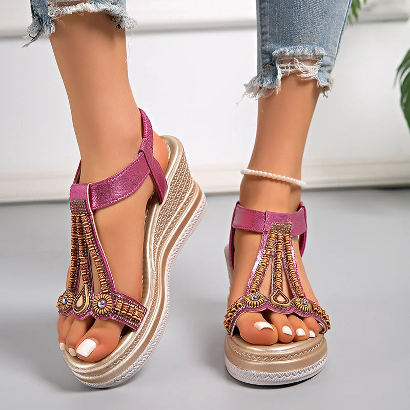String Bead Wedge Heels Gladiator Sandals Women 2026 Summer Chunky Platform Sandles Woman Elastic Strap Plus Size Sandalias 43