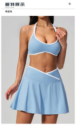 Summer New Outdoor Breathable Yoga Sets Women Color Block Shockproof Sports Bra Tennis Pleate Skirt Gym Workout Fitness Suits