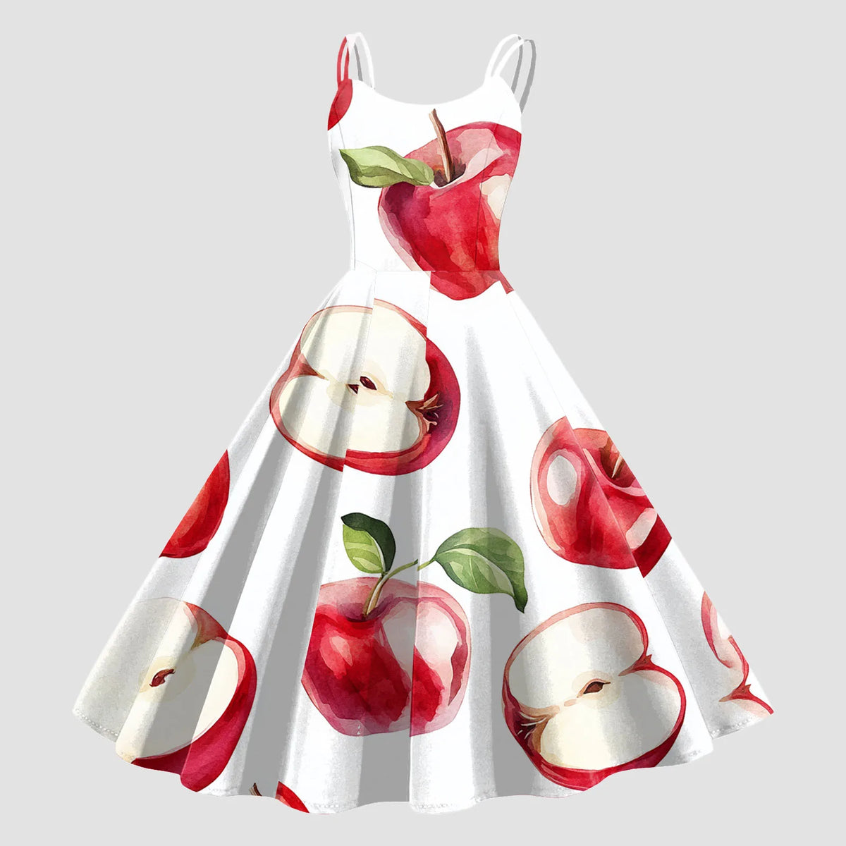 Vintage Fruit Print Dress For Women Elegant High Waist A Line Swing Dress Rockabilly 60s 50s Retro Spaghetti Strap Maxi Robe