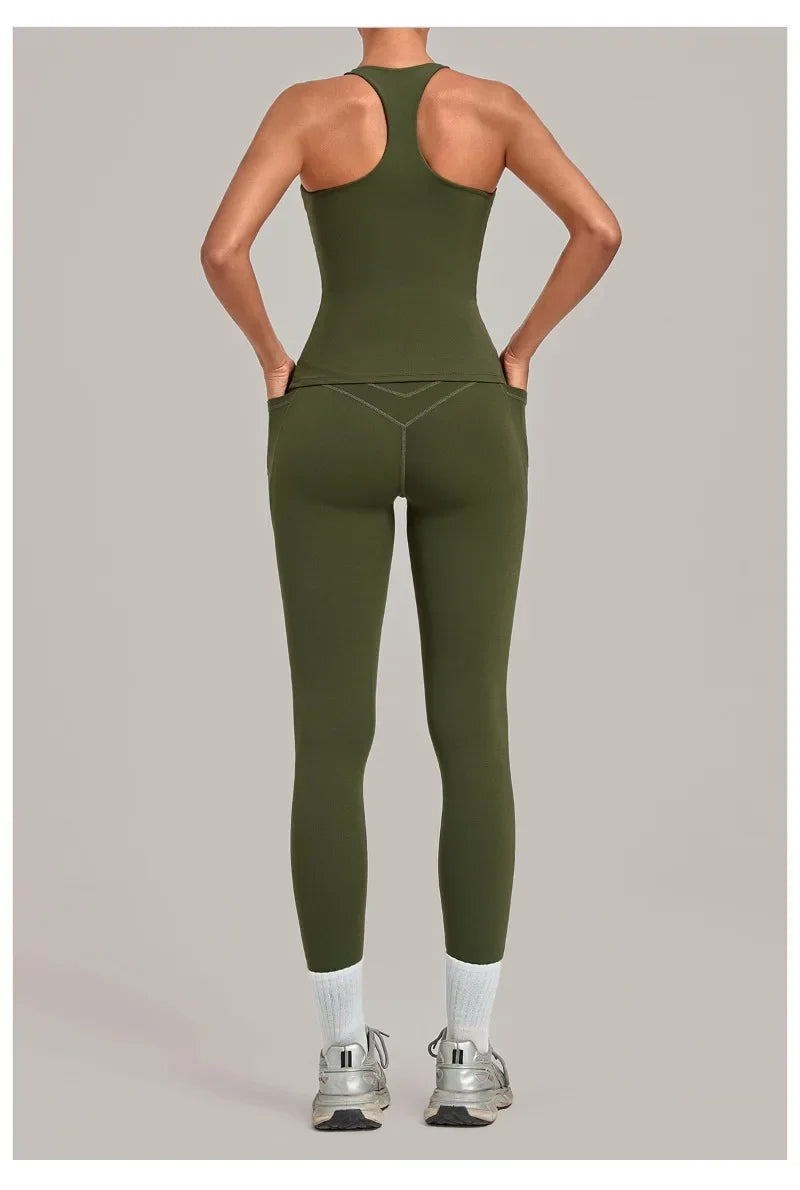 Women's Seamless Yoga Sets Sports Fitness Hip-lifting High Waist Pant Sleeveless Backless Suits Workout Running Leggings Sets