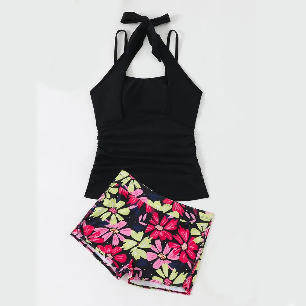 New Floral Print Tankini Sets Swimwear Halter Women Two Pieces Swimsuit Summer Slimming Sporty High Waisted Bathing Suits Shorts