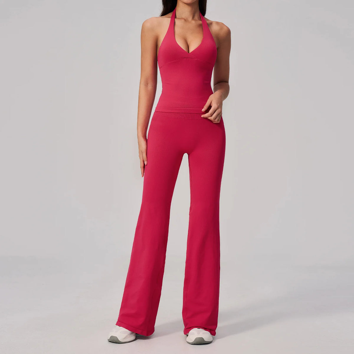 V-neck Yoga Sets Women Seamless Slimming Sports Tank Top High Waist Wide Leg Pants Fitness Suit Outwear Gym Running Tracksuit