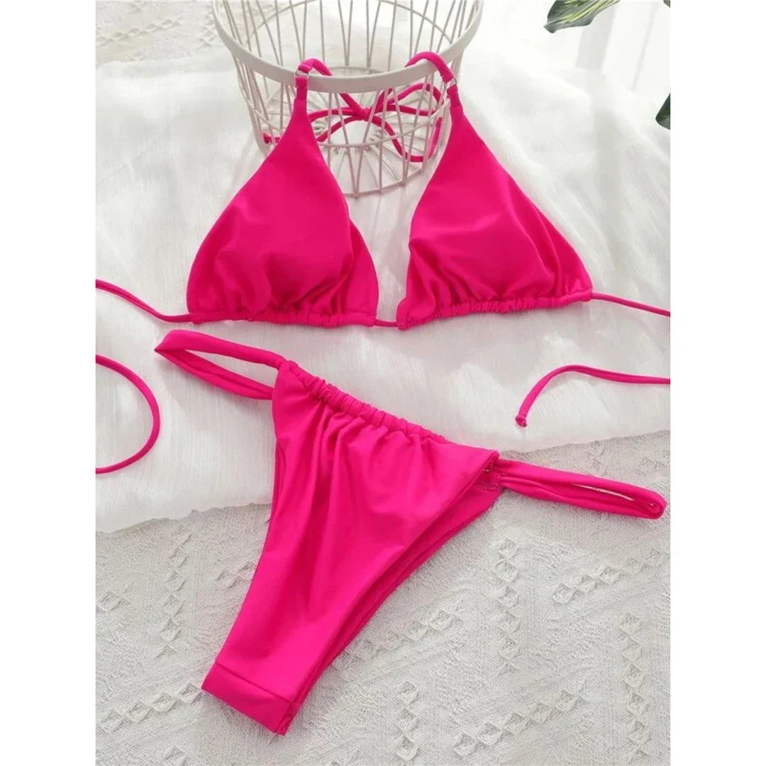 Wrinkled High Cut Mini Micro Thong Bikini Women Swimwear Female Swimsuit Two-pieces Bikini Set Halter Bather Bathing Suit Swim