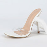 New Fashion White Fur Furry Snake Twine Ankle Strap Sandals Women Summer Square Toe Thin High Heels Wedding Banquet Shoes