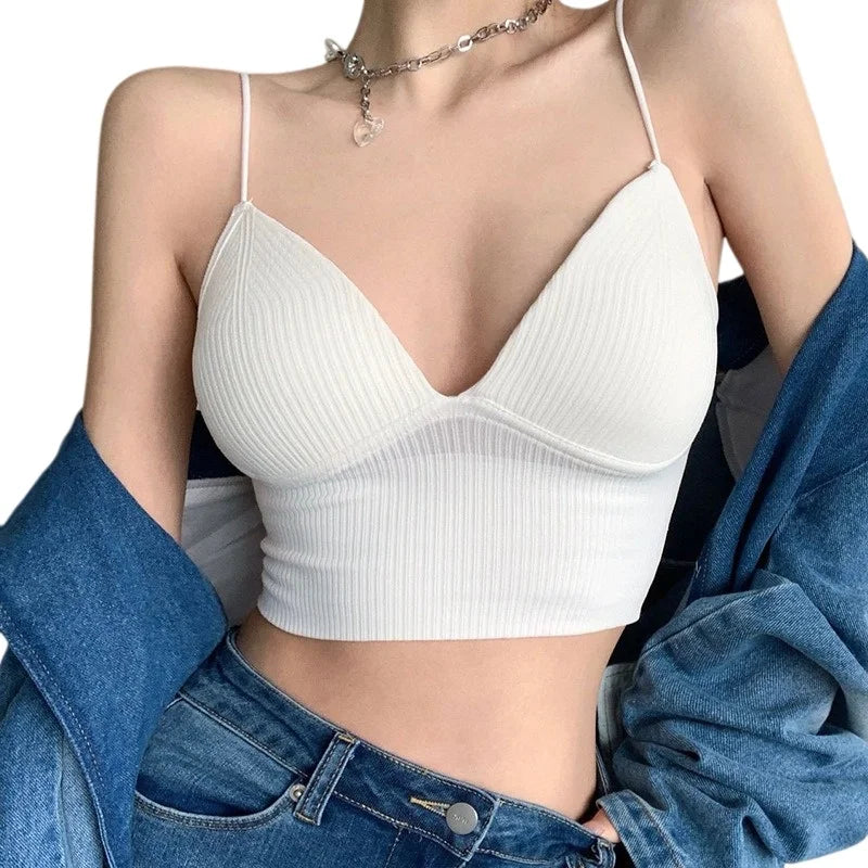 Women Tank Top With Built In Bras Fixed Cup Anti Glare Streetwear Crop Tops Female Seamless Underwear Padded Camisole Summer