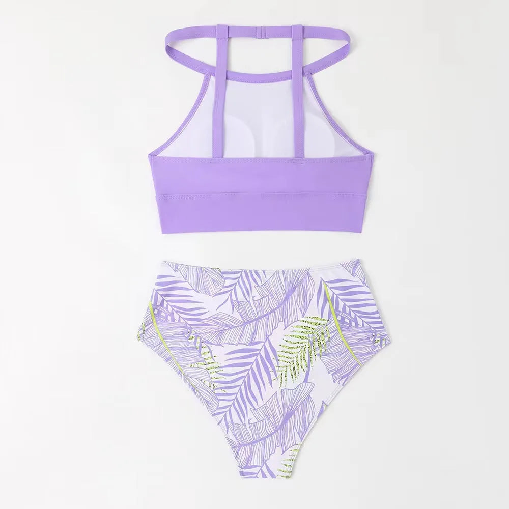 Sexy Light Purple High Waist Bikini 2024 Woman High Neck Swimsuit Female Two Pieces Swimwear Women Print Beach Wear Bathing Suit
