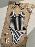Vintage Red Striped Two Piece Bikini Set 2026 Women Shell Starfish V Neck Top High Waist Swimsuit Beach Bathing Suit Swimwear