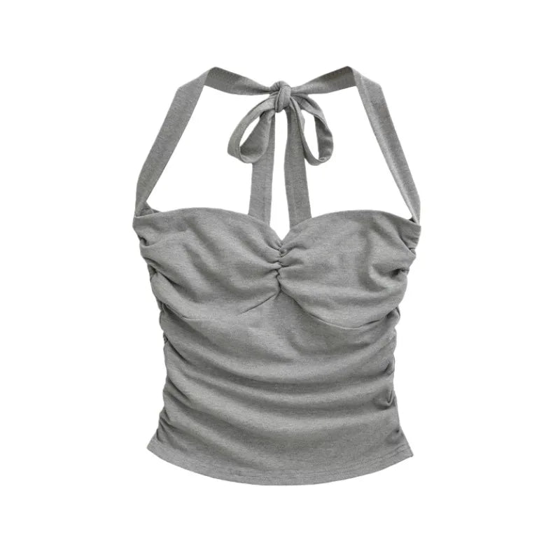 New Women's Fashion Sexy Backless Halter Neck Tie-up Ruched Tube Top Ultra-short Camisole Top In Solid Color Pure Desire F1MR