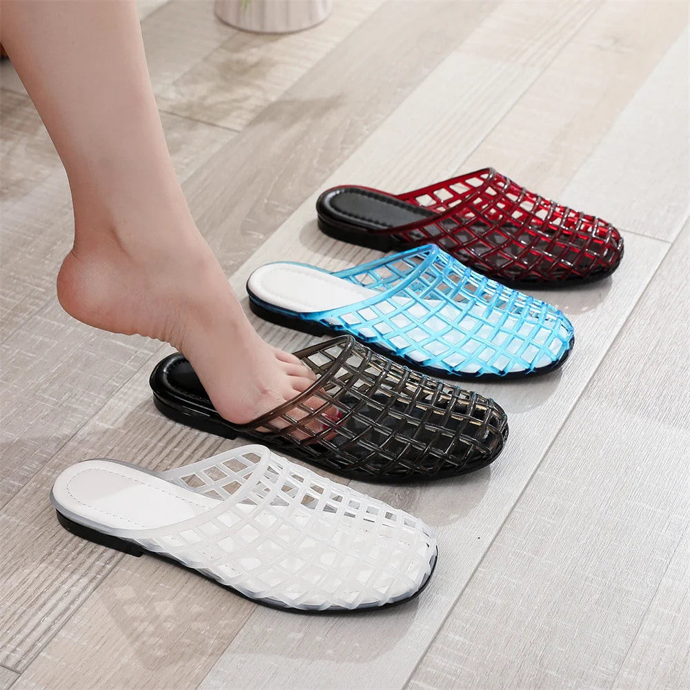 EUR Size Transparent PVC Jelly Slide Mules Women Hollow Breathable Cutout Closed Toe Slip On Flat Sandals Indoor Outdoor Slipper