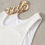 Metal Chain Ribbed Female Bandeau Swimsuit High Waist Bikini Women Swimwear Two-pieces Bikini set Asymmetric Bathing Suit Swim