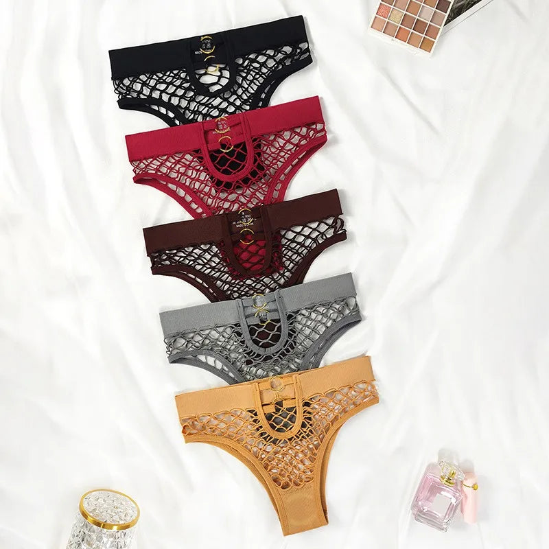 Hollow Mesh Sexy Women's Panties Solid Color Mid High Waist Fishnet Lingerie Ladies Hollow Out Transparent Elasticity Briefs