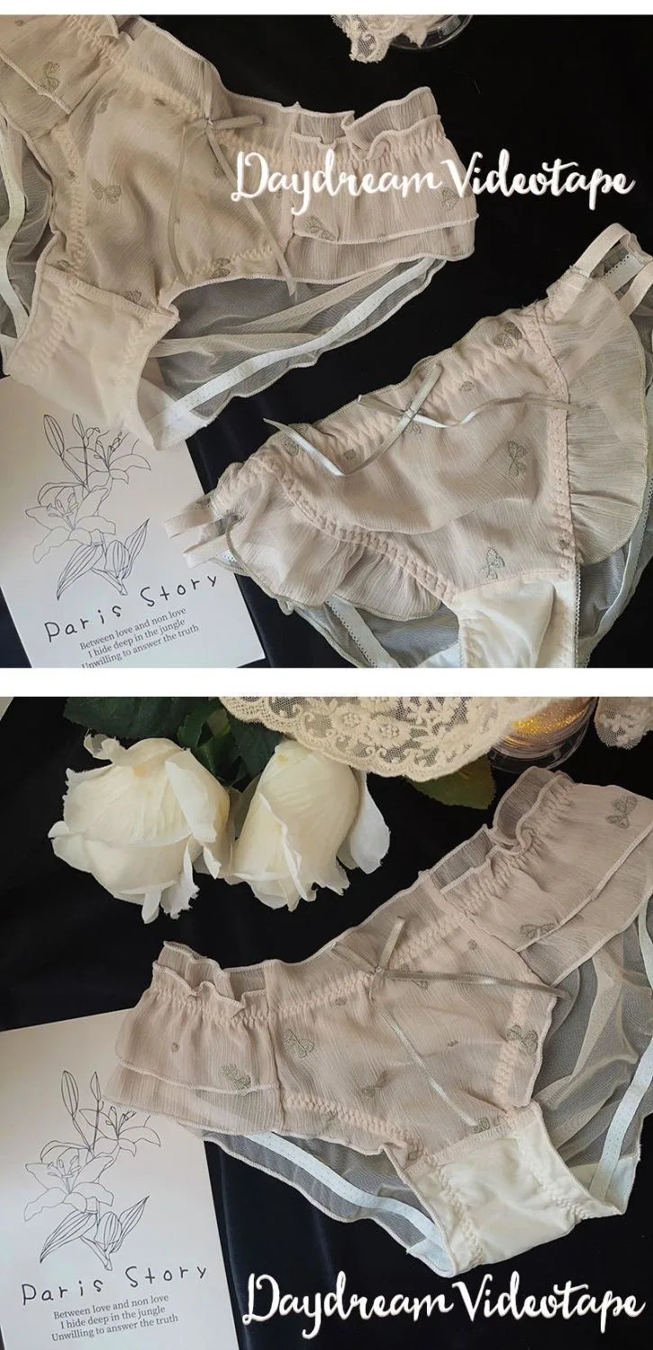 Japan Style Embroidered Mesh Bralette Wireless Breathable Comfort Sweet Cute Lingerie Set Pure Sensual Ruffle Edge Small Chest