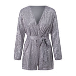 Women Summer Fall Sequin Shorts Jumpsuit Trendy Sparkly V Neck Long Sleeve Romper with Belt for Party Club