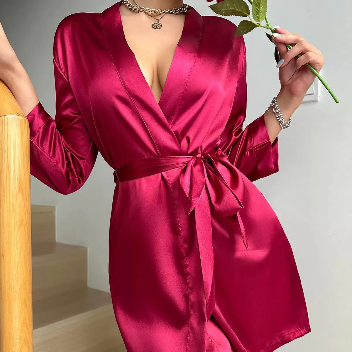 Pajamas women summer European and American ladies lace-up bathrobe sexy morning gown home dress can wear ice silk robe