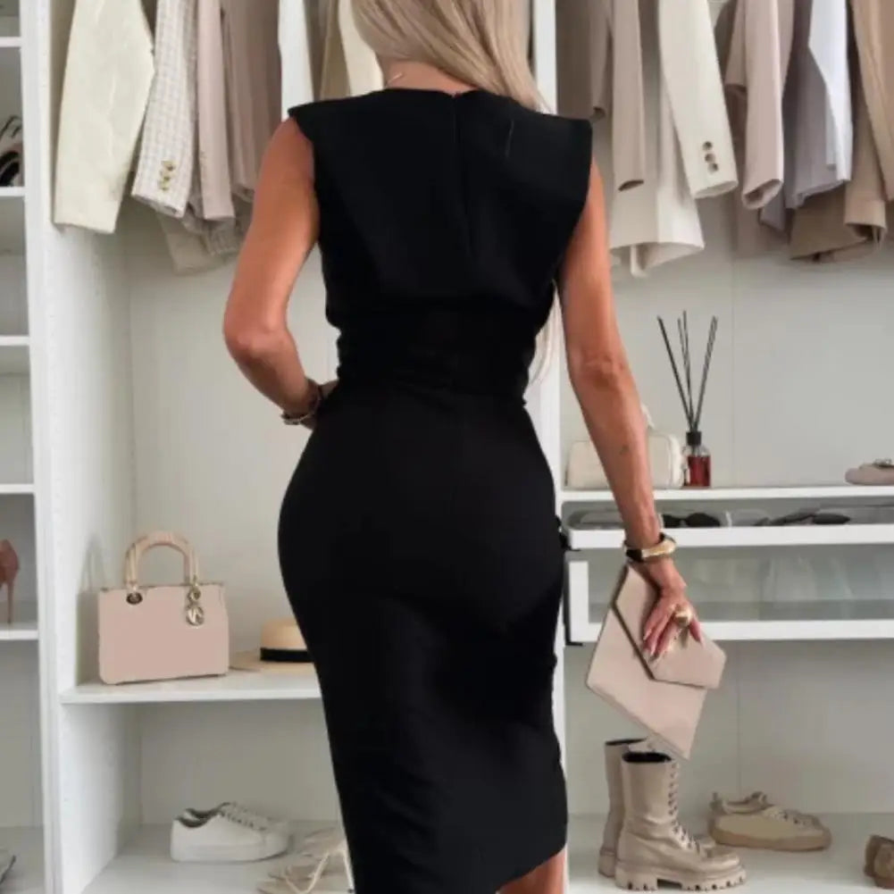 Summer Women Dress Sleeveless Round Neck Slim Fit Dress with Slit Design Midi Dress Women's Clothing Evening Party Clubwear