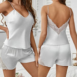 Summer Lace Satin Pajamas Set for Women Sexy Pajama Sets Backless Deep V Sleepwear Short Sleeve Cami Shorts Set
