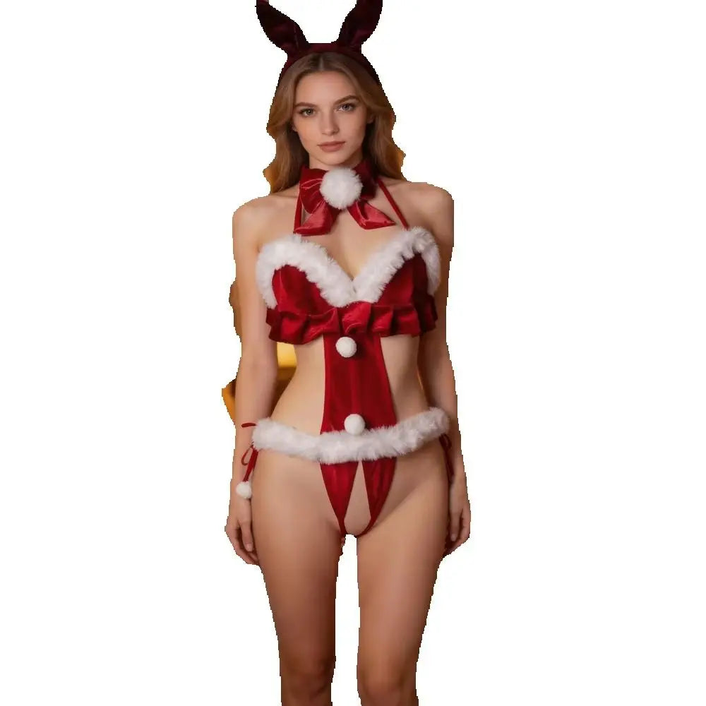 Women's Christmas Lingerie Red Halter Cutout Bodysuit with White Soft Trim Bow Decor Sleeveless Holiday Party Cosplay Costume