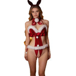 Women's Christmas Lingerie Red Halter Cutout Bodysuit with White Soft Trim Bow Decor Sleeveless Holiday Party Cosplay Costume