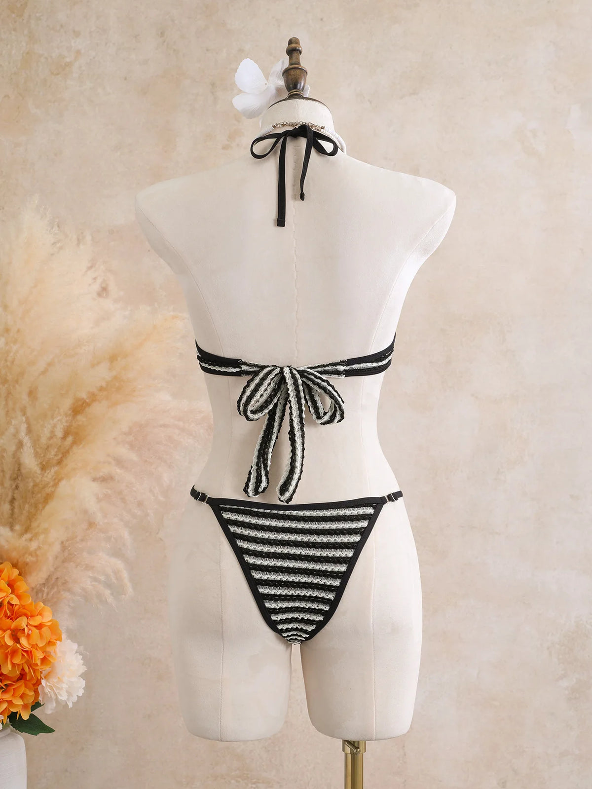Sexy Black Stripe Knitted One Piece Swimwear Skirts Sets 2026 Women Metal Circle Hollow Out Backless Bathing Suit Thong Swimsuit