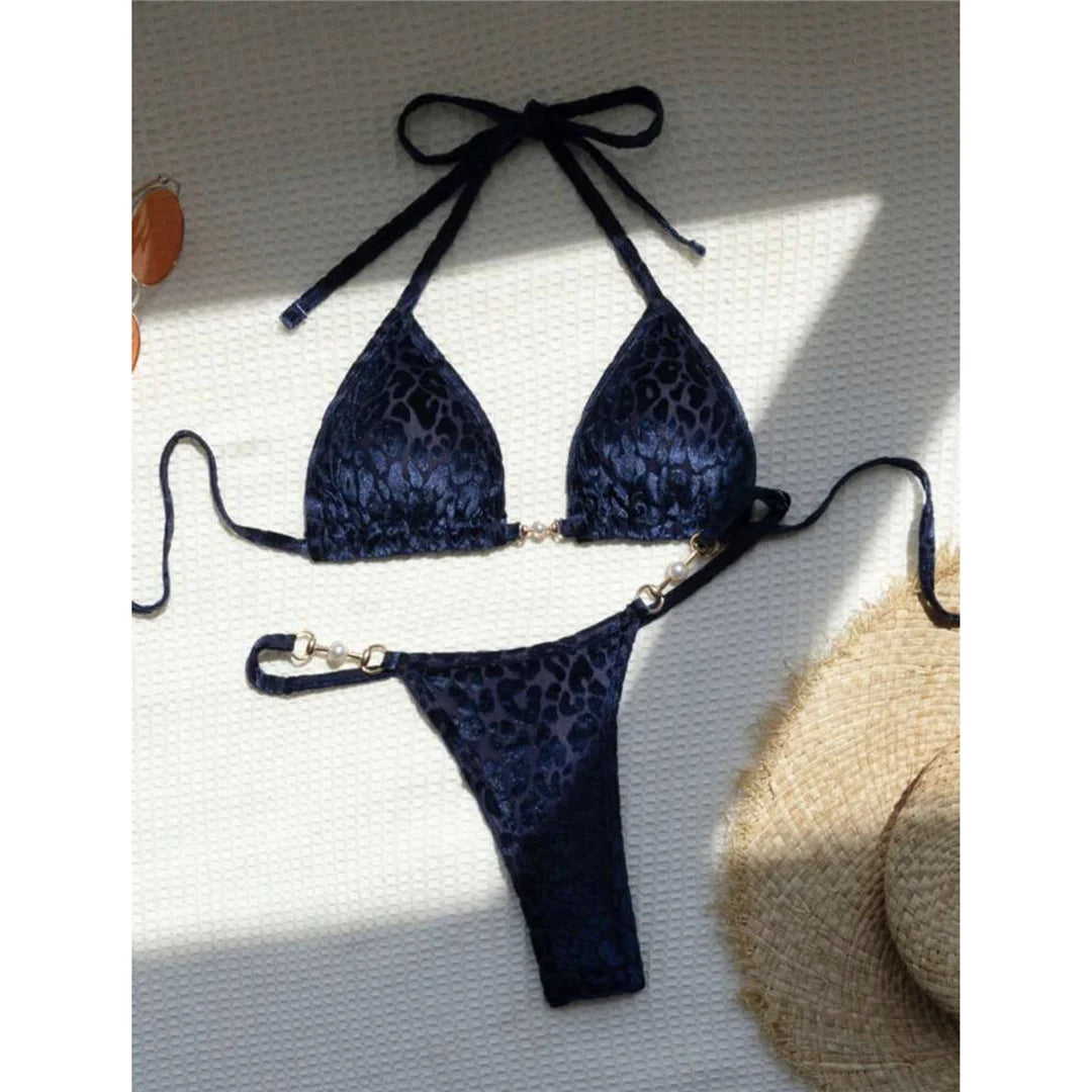 S - XL Leopard Pearl Mini Micro Thong Bikini Female Swimsuit Women Swimwear Two-Piece Bikini Set Bather Bathing Suit Swim V5207B