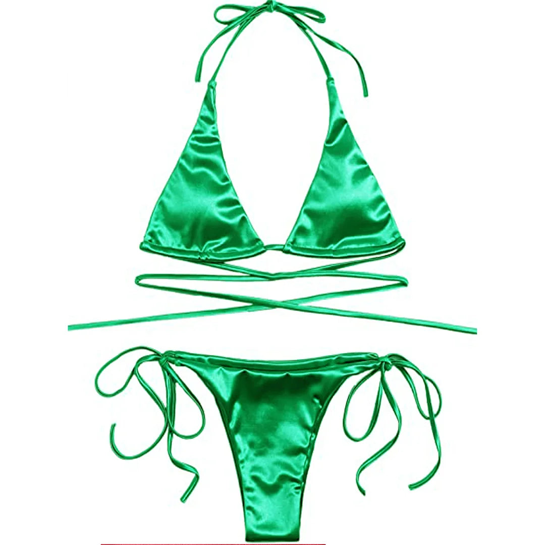 Sexy Satin Halter Brazilian Padded Bikini Female Swimsuit Women Swimwear Two-Pieces Bikini Set Bather Bathing Suit Swim V4966S