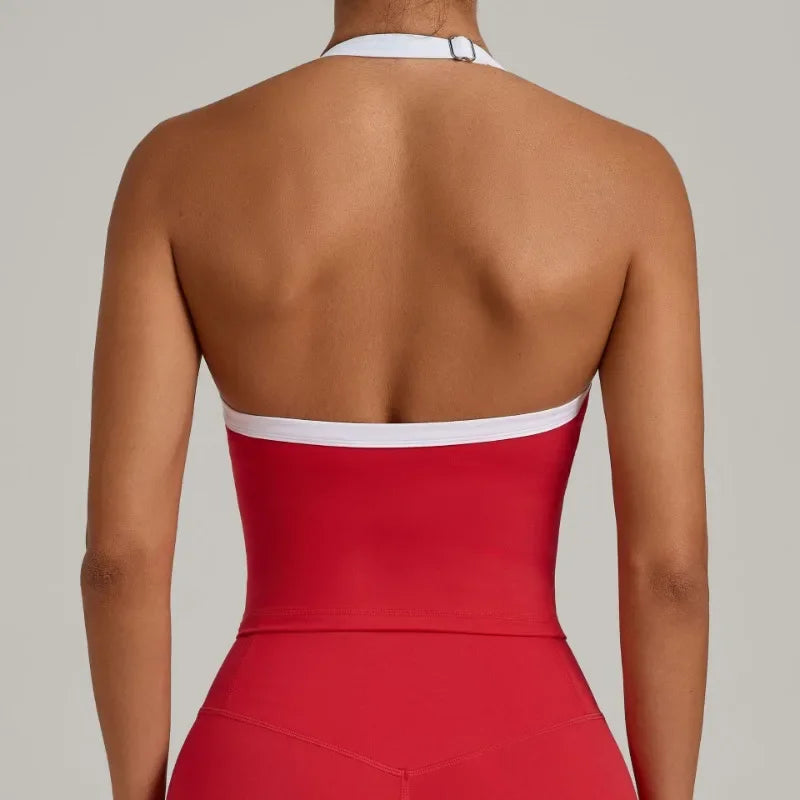 Women's Seamless Yoga Tank Top - Adjustable HALTER Neck & Quick-Dry Fitness Shirt Color Block Running Sports Gym Workout Top