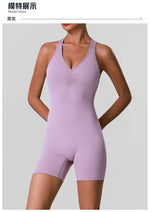 Cross Back V-neck Short Yoga Jumpsuit Women Quick Drying Solid Sleeveless Sports One Piece Suit Outdoor Recreation Bodysuits