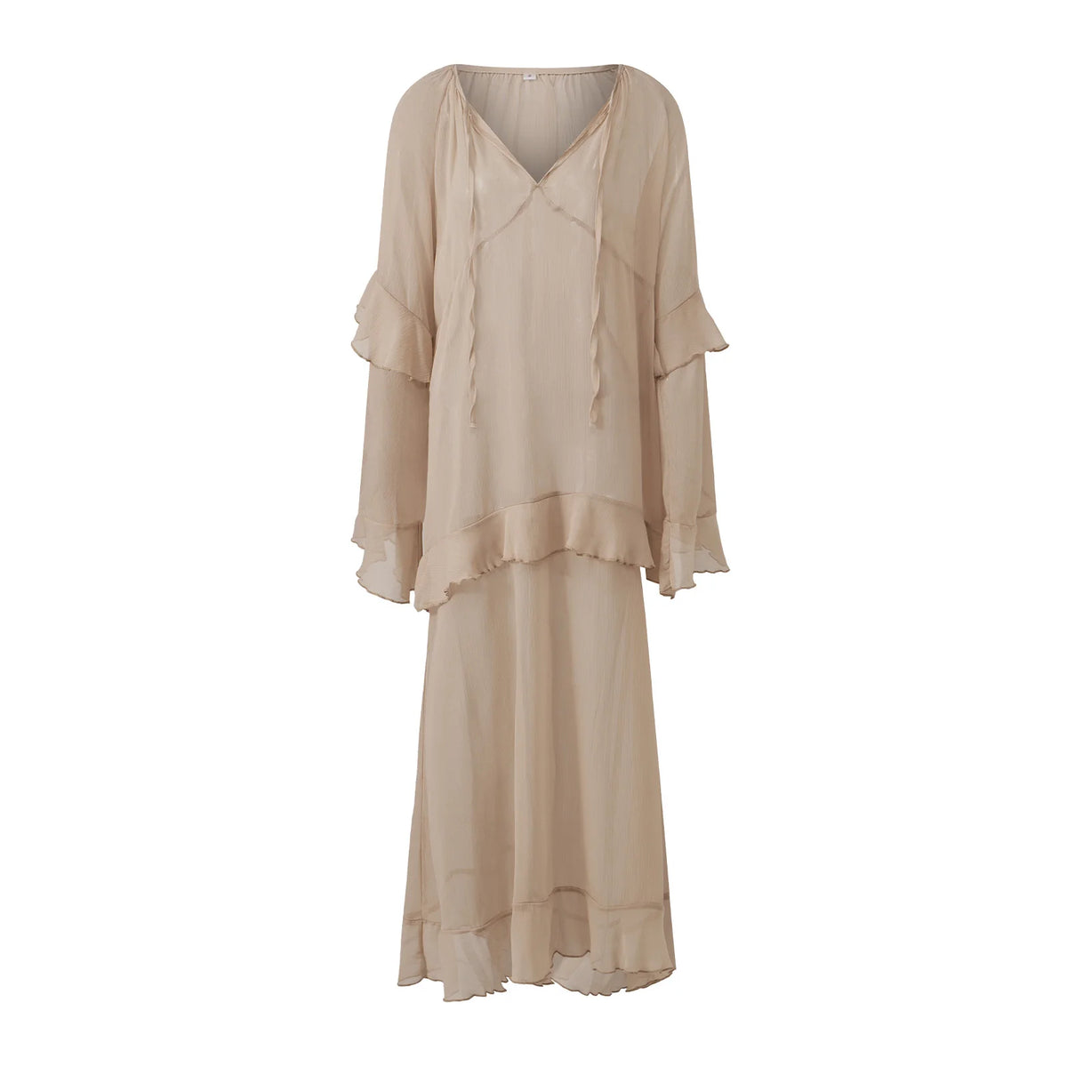 Women's Sheer Chiffon Long Dress Stylish Ruffle Trim V Neck Long Sleeve Loose Fit Dress See Through Cover-ups Streetwear