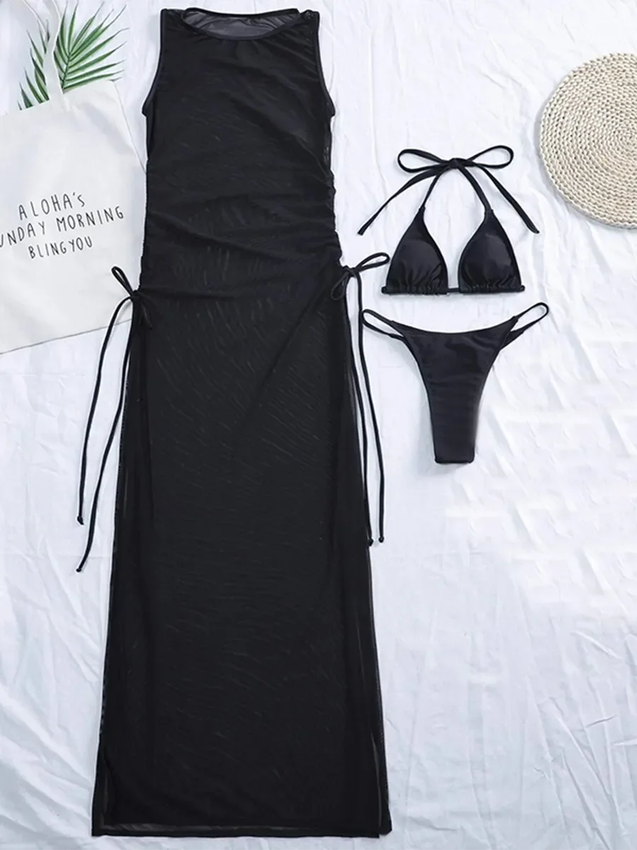 3 Pieces Thong Bikini 2026 Women With Dress String Swimwear Female Solid Swimsuit Beach Wear Bathing Swimming Suit Summer
