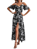 New Summer Women Print Dress 2025 Fashion ElegantVacation Party Short Sleeve Slim V-neck Slit Long Dresses Vestidos Para Mujer