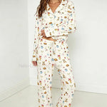 Women Autumn Winter Milk Silk Knit Pajama Set Lapel Open Front Printed Top Straight Pants European Style Ladies Sleepwear