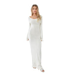 Women's Autumn Winter Knitted Bodycon Dress Long Sleeve Tie Backless Round Neck Solid Color Ruffle Trim Long Dress Beachwear