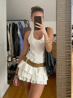 Halter Backless White Summer Women's Dress Sleeveless Beach Boho Short Mini Tierred Dresses with Shorts New Dress with Belt