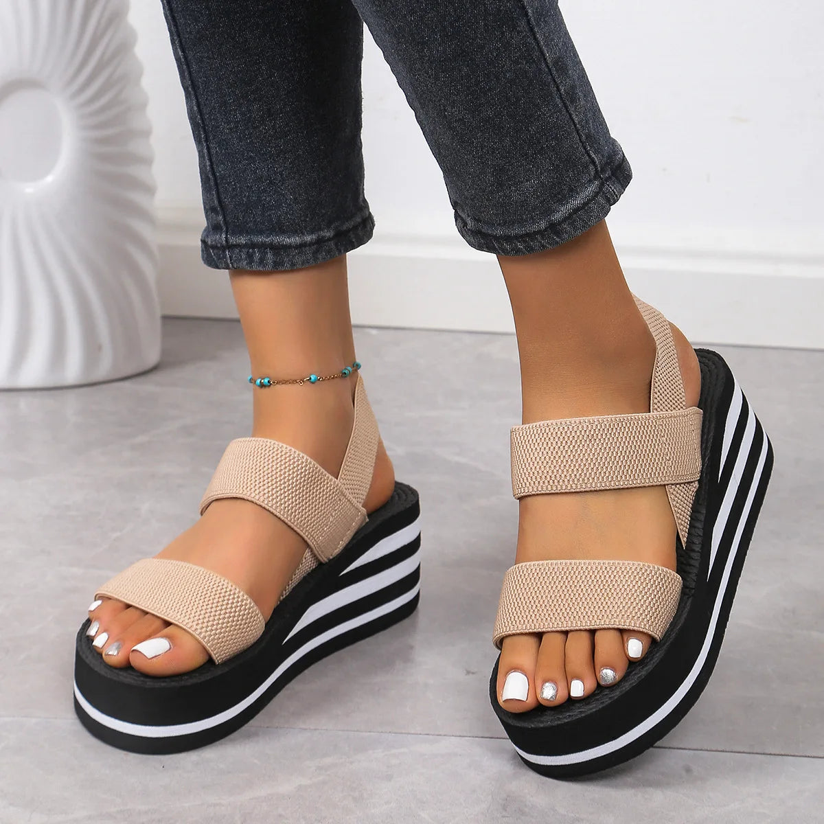 New Minimalist Slingback Wedge Sandals Summer Light Weight Shoes Striped Color Sole Thick Bottom Ladies Leisure Sandalias