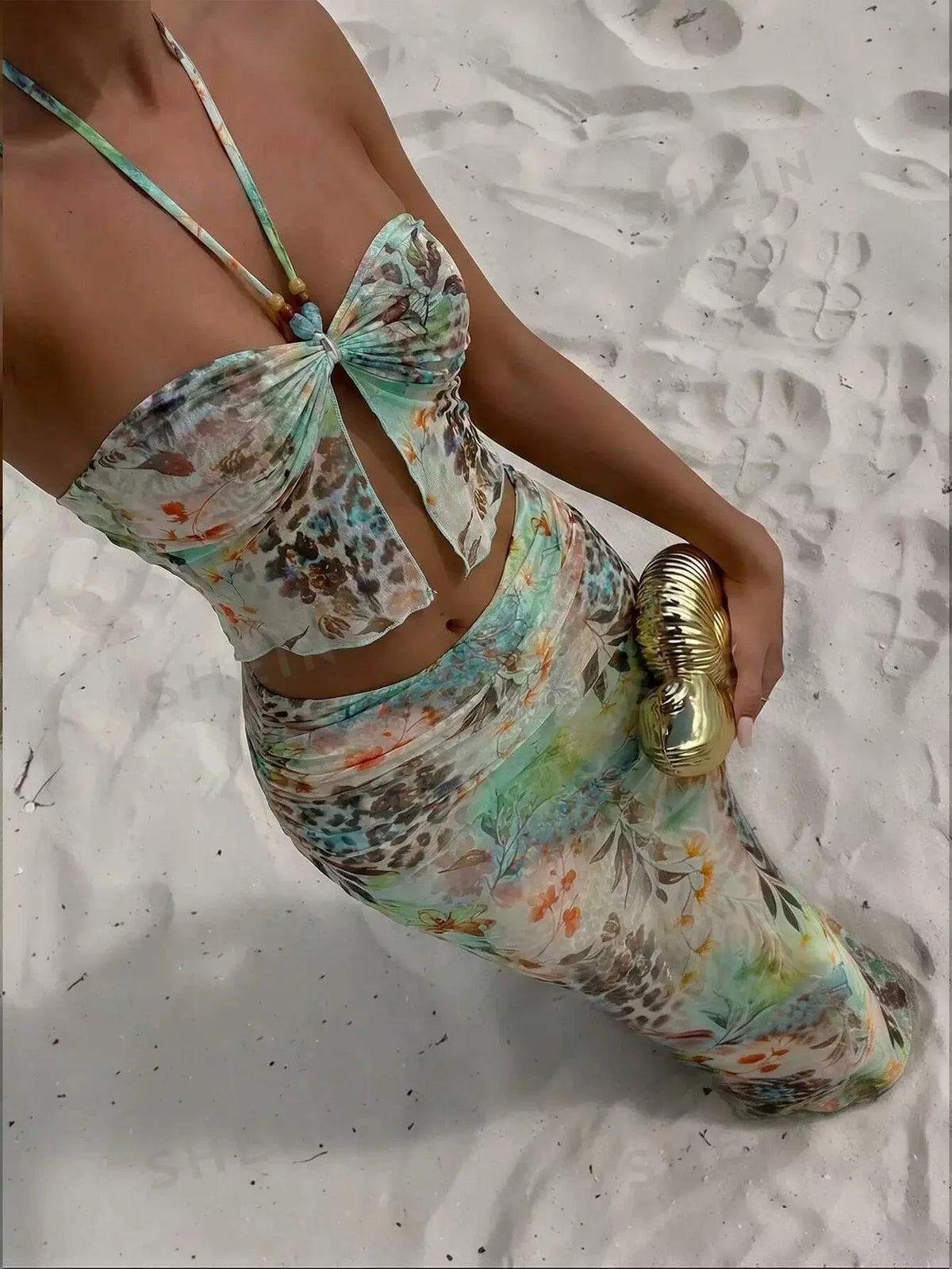 DEKA 3 Pieces Flower Bikini Sexy Women Swimsuit Halter Swimwear Female Cover Up Printed Bikini Set Beachwear Bathing Suits