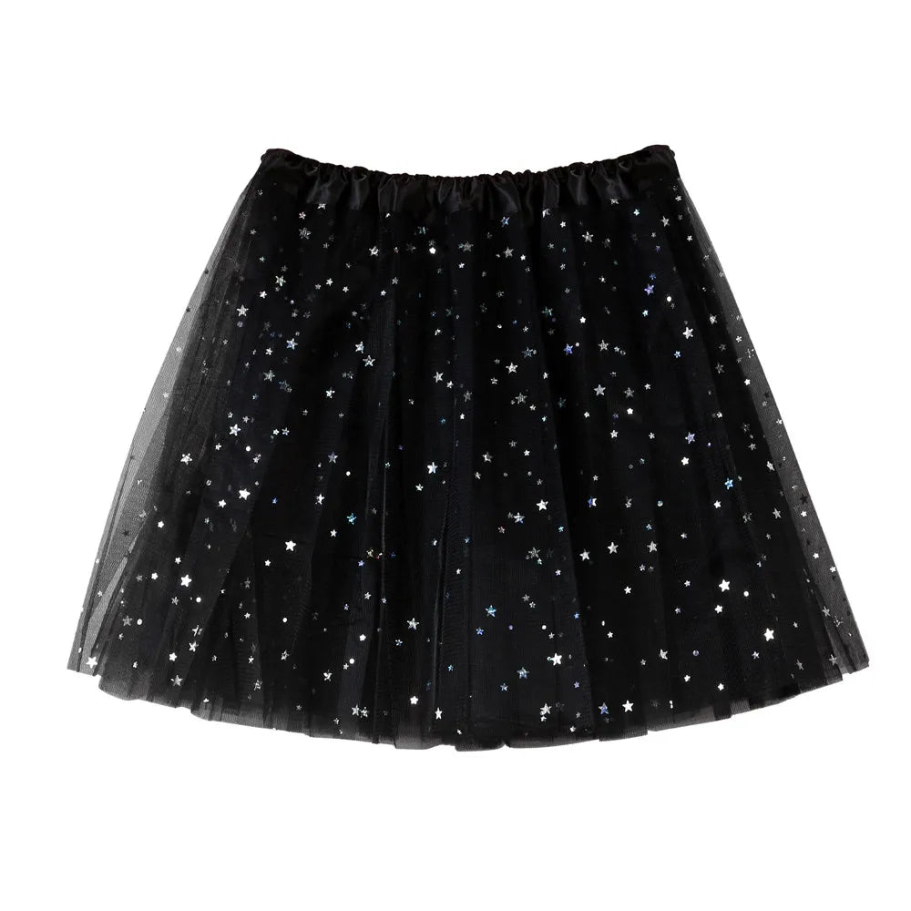 Womens Summer New Tulle Tutu Skirt Elastic Waist Silver Star Print Layered Mesh Mini Skirt Fluffy Carnival Party Dance Skirts