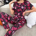 Women’s Halloween Pajama Set 2 Pieces Long Sleeve Skull Floral Print T-shirt Tops and Pants Set Sleepwear Loungewear