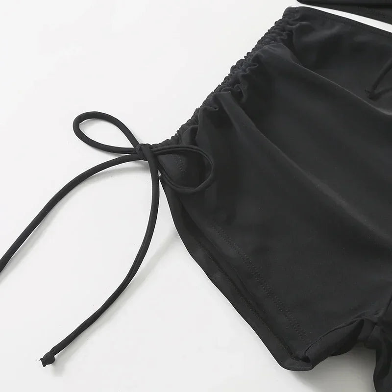 Black Drawstring Swimwear Bikinis Sets Mujer 2026 Crop Top Shorts Bottom Swimsuit Women Sexy Bathing Suit Beachwear Bikini Swim