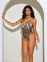 DEKA Women Hollow One Piece Swimsuits Leopard Print Bikini Wear For Bow Tie Bathing Suit Swimwears