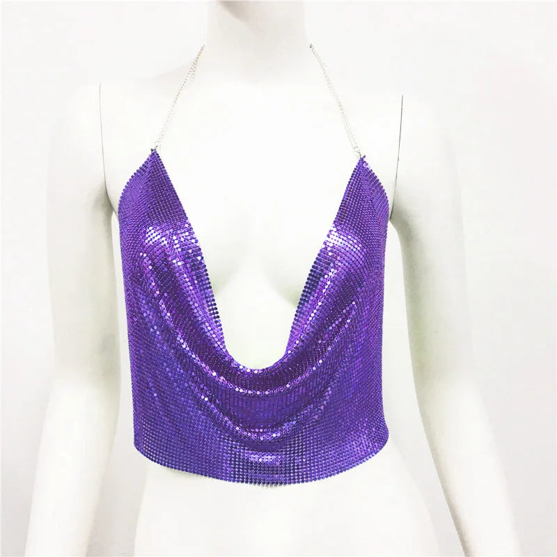 DEKA Bling Bikini Tops Deep V Neck Vest Backless Sequins Women Crop Top Night Club Diamonds Metal Tank Adjustable Halter Shiny