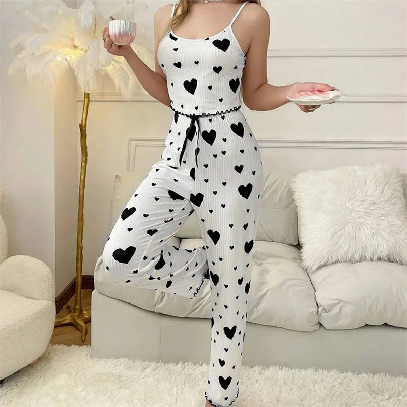 Women's Summer Sleepwear Casual Heart Pattern Red Ruffle Camisole + Red Heart Print Long Pants Pajamas Set