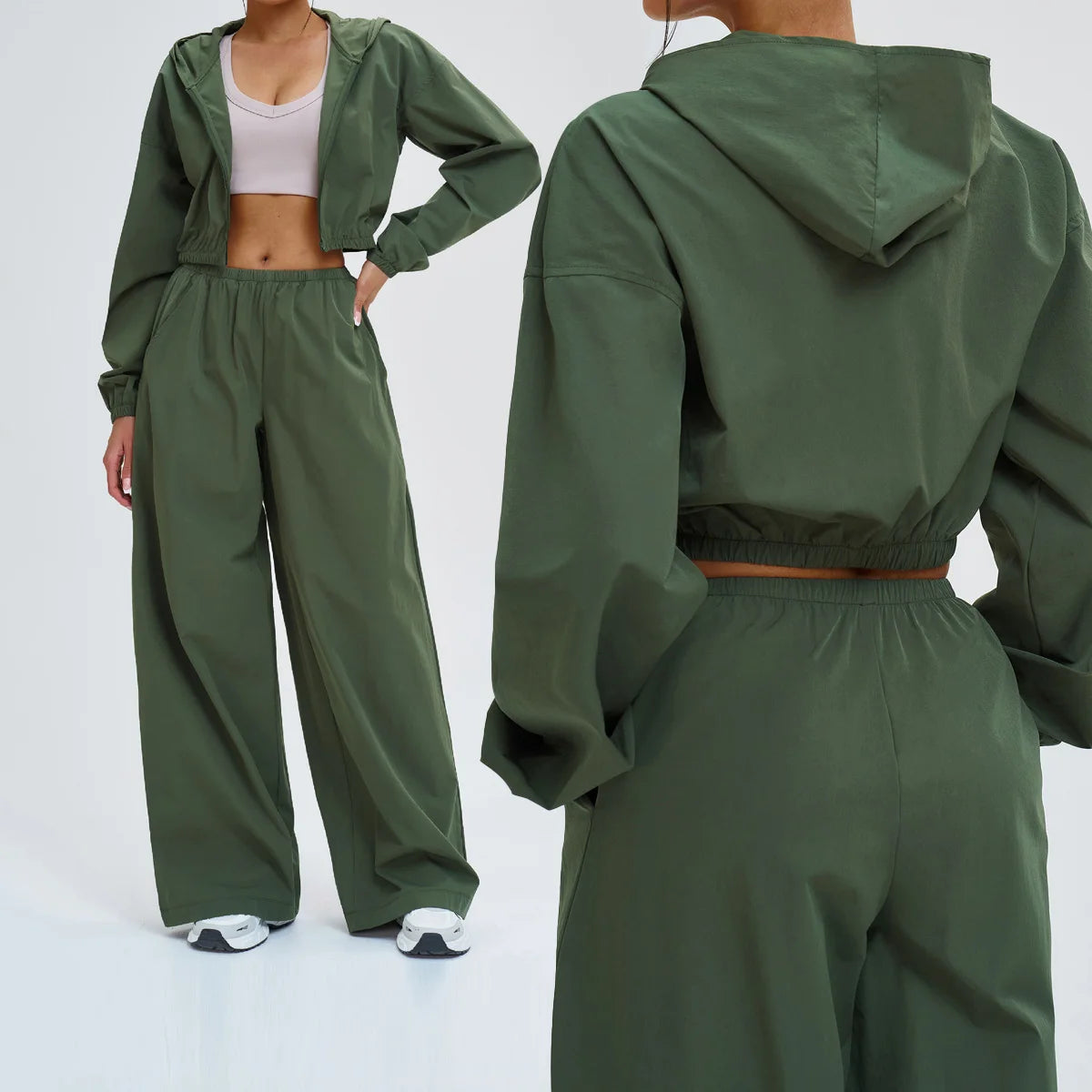 Sports sunscreen set Zipper windproof hooded sunscreen leisure outdoor 2 PCS Long Sleeved Loose sports riding Wide Leg Pants Set