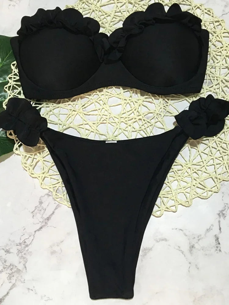 Ruffled Bra Cup Bikinis 2025 Bandeau Bikinis Women Swimsuit Female Swimwear Two Pieces Bikini Set High Cut Bathing Suit Swim