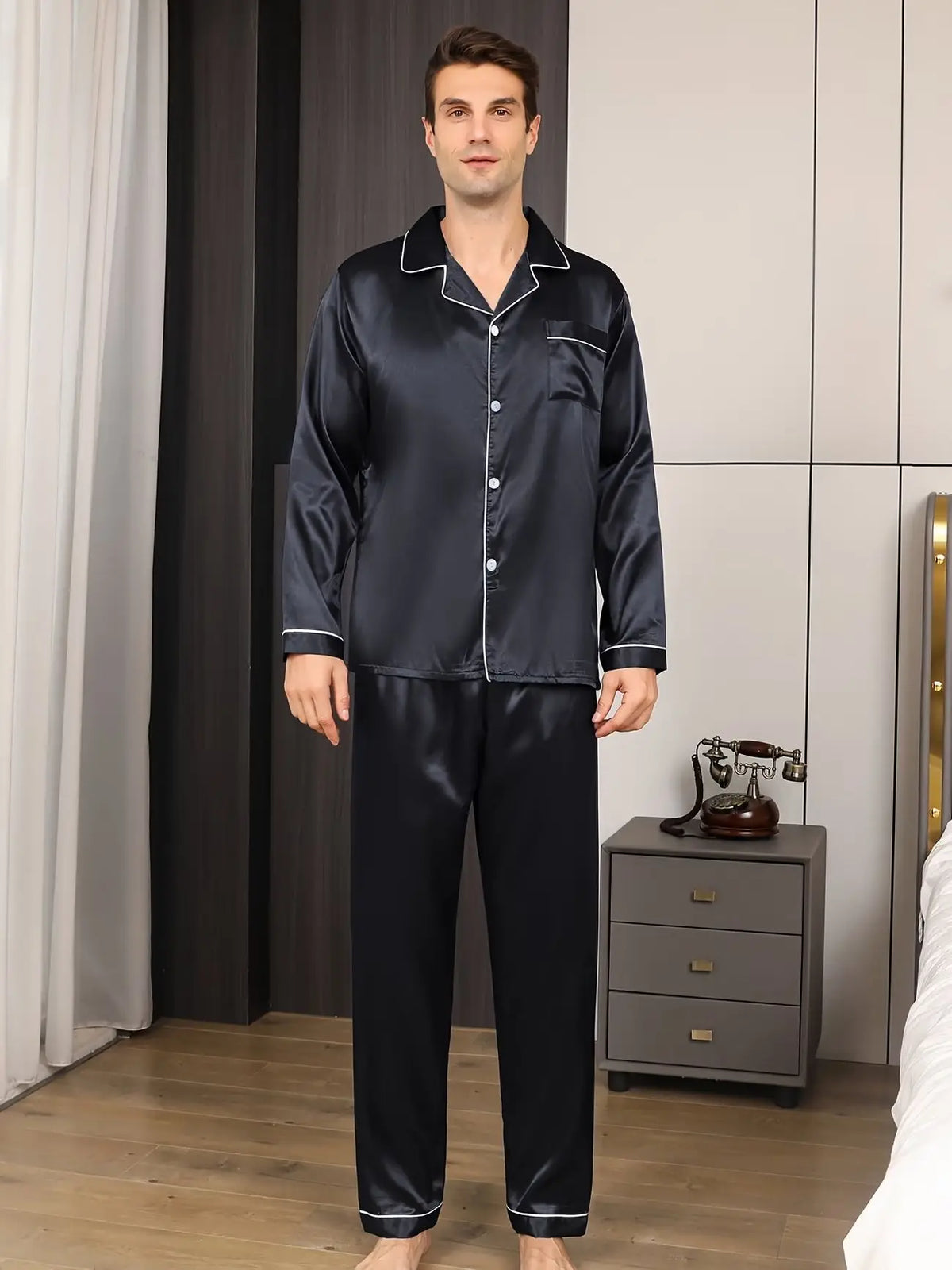 Ice Silk Pajama Sets for Men Sleepwear Satin Shirt Long Sleeve Tops and Long Pants Male Home Night Wear Plus Size Loungewear